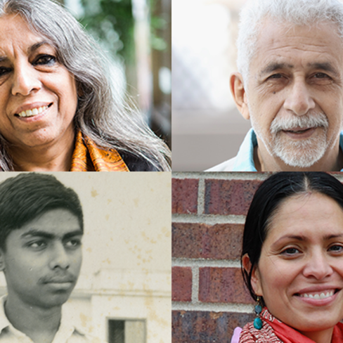 Photo grid of speakers. 2021 Arts and Justice Series. Naseeruddin Shah, Urvashi Butalia, TM Krishna, Nandini Sundar, Naeem Mohaiemen, Ather Zia, Nayanika Mookherjee.